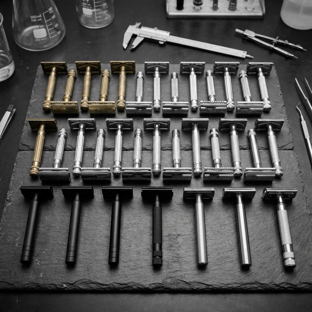 Vintage and modern safety razors laid out on dark slate